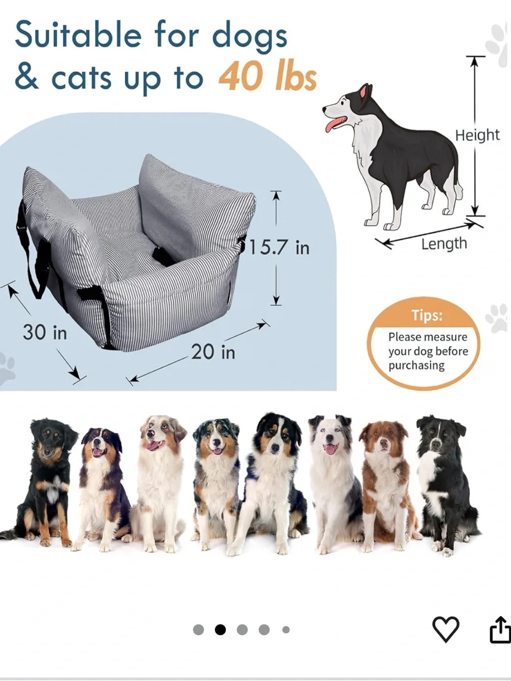 Elevated Dog Car Seat for Small/Medium Dog w/ Safety Belt, Non-Slip Base NEW